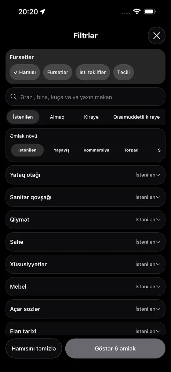 Tətbiqdə filtrlər